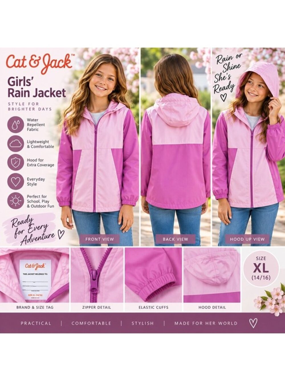 Cat & Jack Girls Rain Jacket Pink Purple Hooded Size XL 14/16 Lightweight